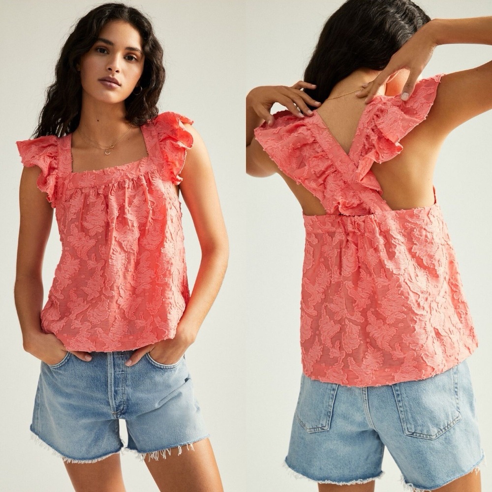 Anthropologie Amber Coral Ruffle Square Neck Crossback Boxy Floral Texture XS